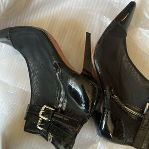 PHI Womens patent Leather& mesh Stiletto Heel Boots Black Silver Tone Size 39